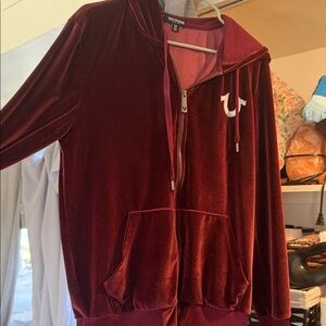True Religion Maroon Velour Zip-Up Hoodie